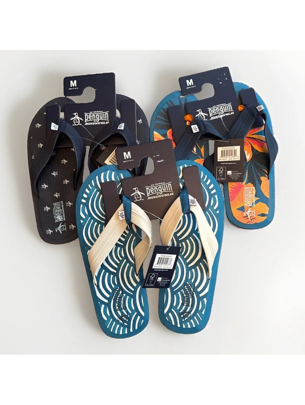 New Lot Of 3 Pair Men’s Penguin Flip Flops Medium 9 To 10 Summer Beach Cruise